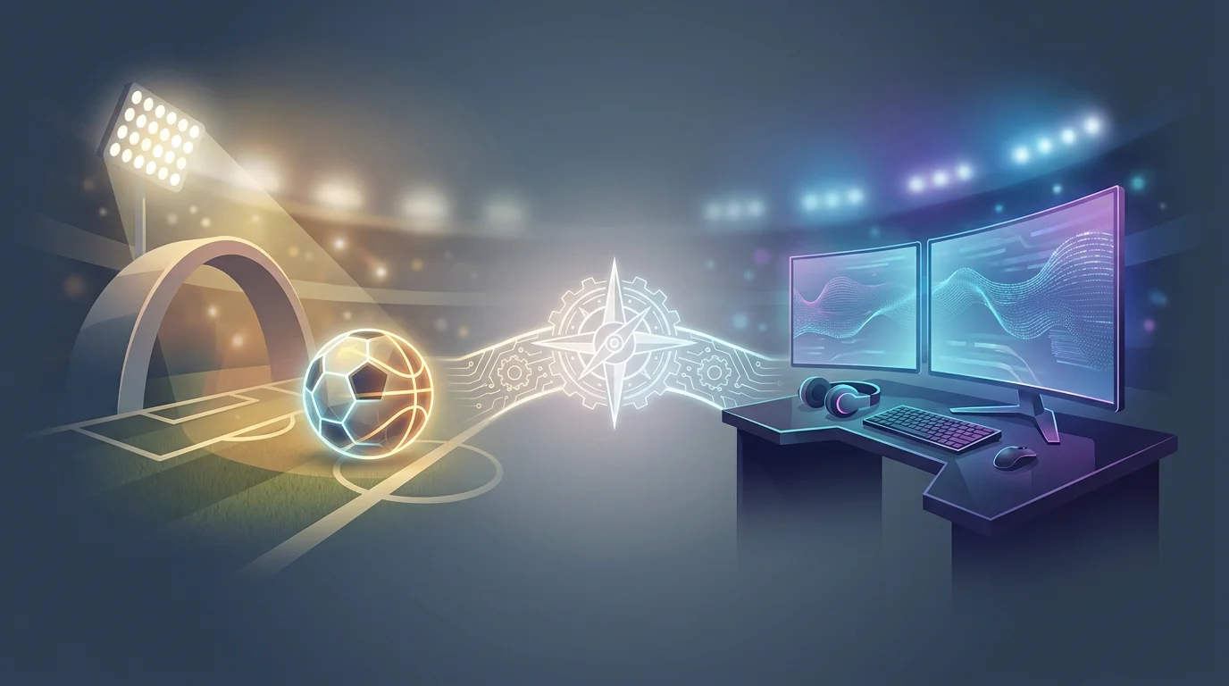 Neutralna ilustracja redakcyjna łącząca sport tradycyjny i esport bez logotypów oraz interfejsu bukmacherskiego